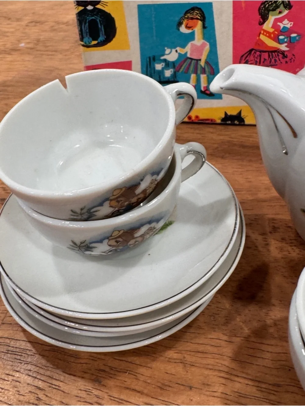 Vintage Children’s Ceramic Tea Set Bunny In A Racecar 13 Piece 1940s New Chip